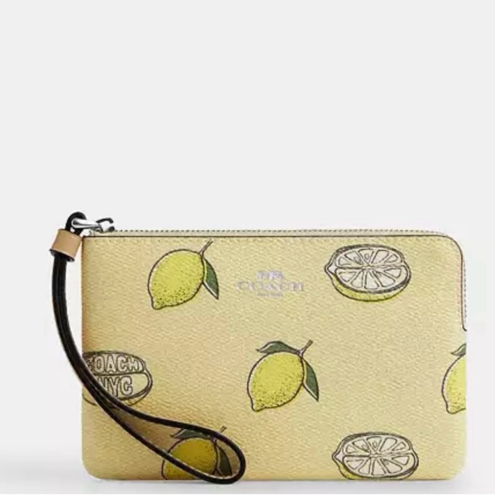 Coach Yellow Lemon Pattern Wristlet Corner Zip Wristlet With Lemon Print NWT